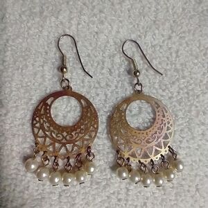 Goldtone filigree faux pearl wire earrings